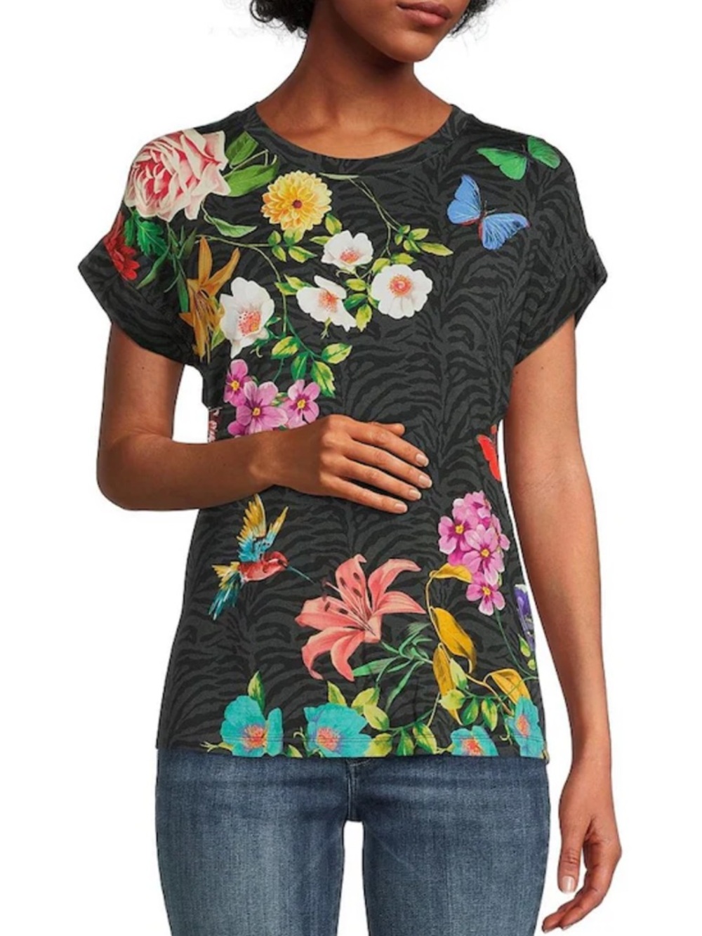 JOHNNY WAS Blooming Breeze Boho Graphic T-Shirt Zebra Floral Butterfly XS - Picture 2 of 10